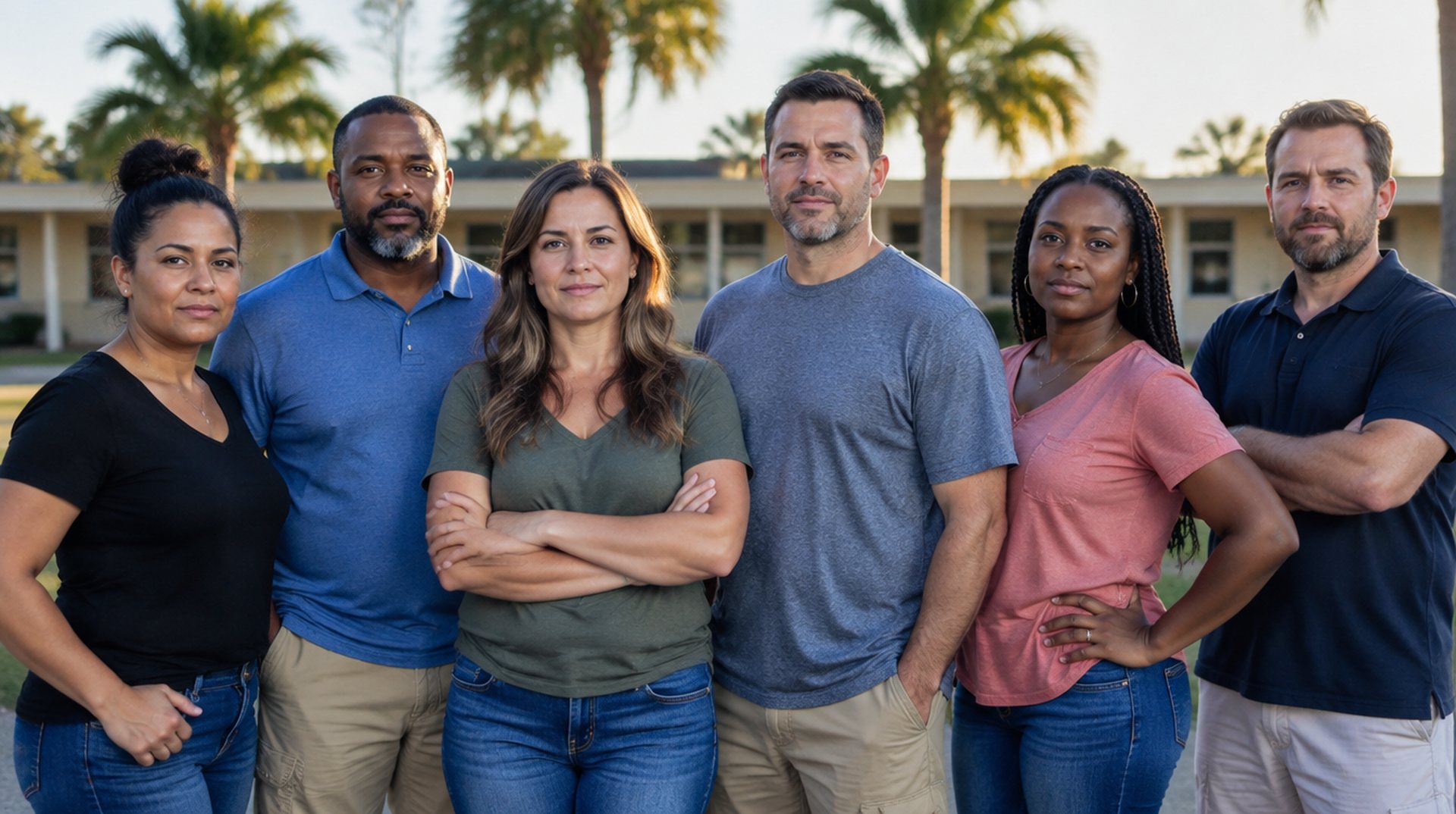 A group of parents standing together outside a school