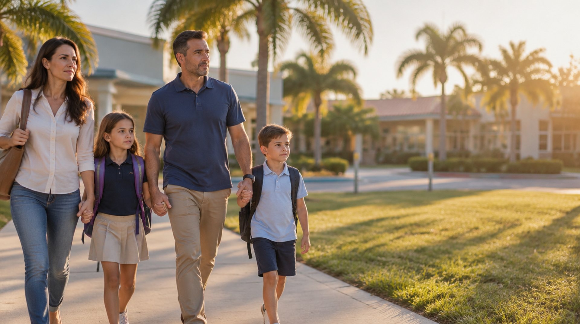 A mother and father walking their two children to school