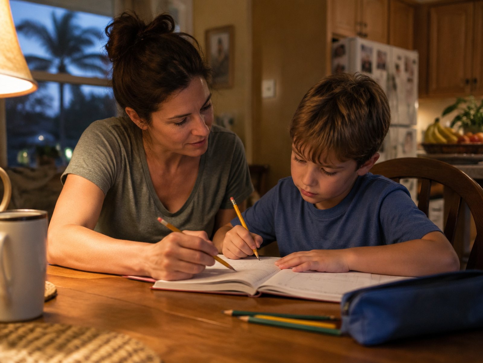 A mother helping her son with homework at the kitchen table