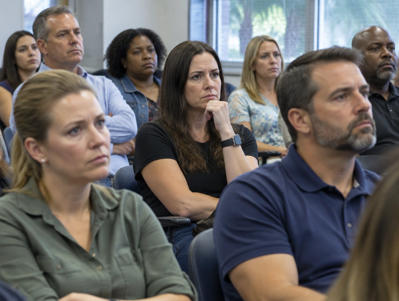 Parents seated at a school board meeting