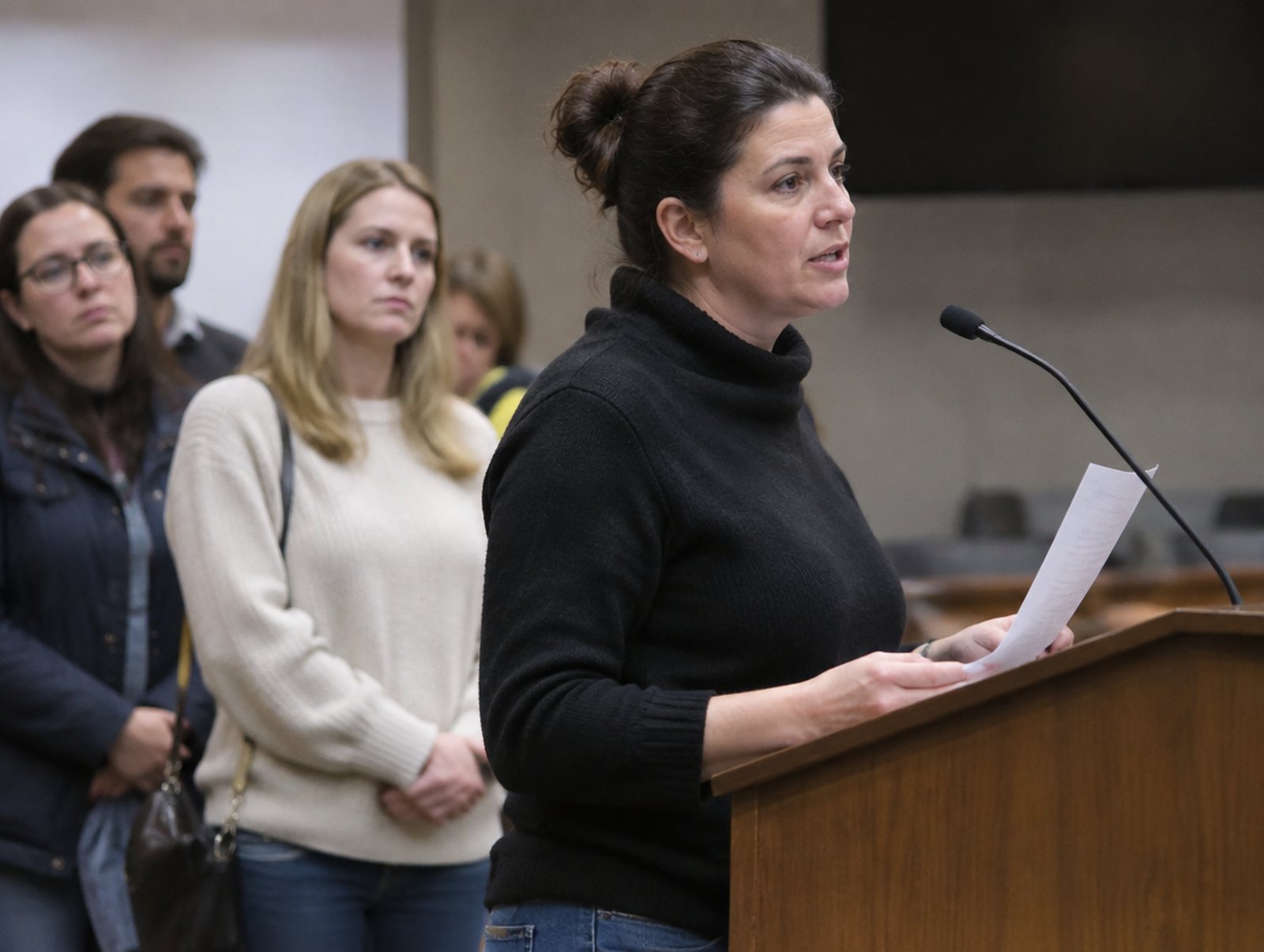A mother speaking at a public comment podium